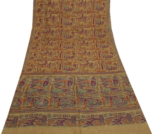 Sushila Vintage Brown Indian Saree Pure Silk Hand Embroidered Kantha Sari Fabric