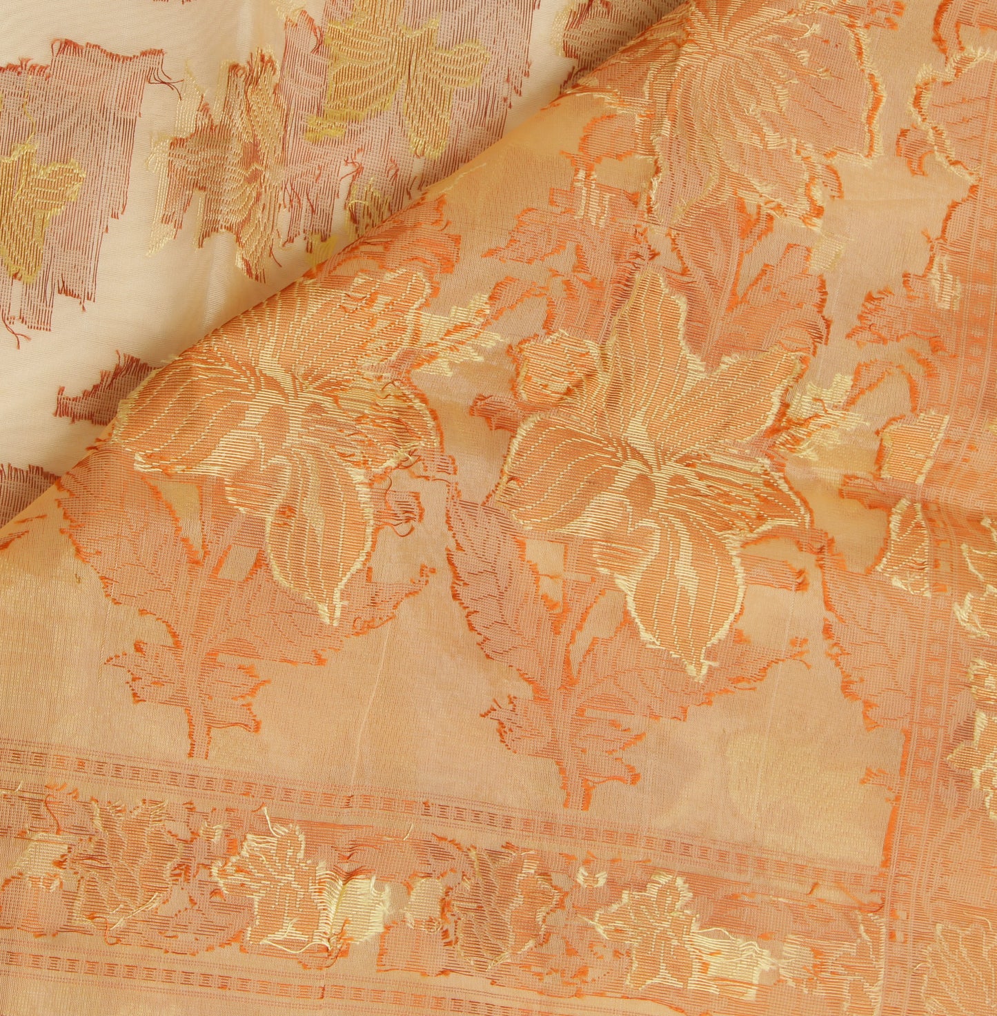 Sushila Vintage Beige Saree Pure Silk All Over Woven Floral Sari Craft Fabric