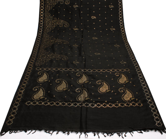 Sushila Vintage Black Saree Pure Silk Hand Embroidered Paisley Sari Craft Fabric
