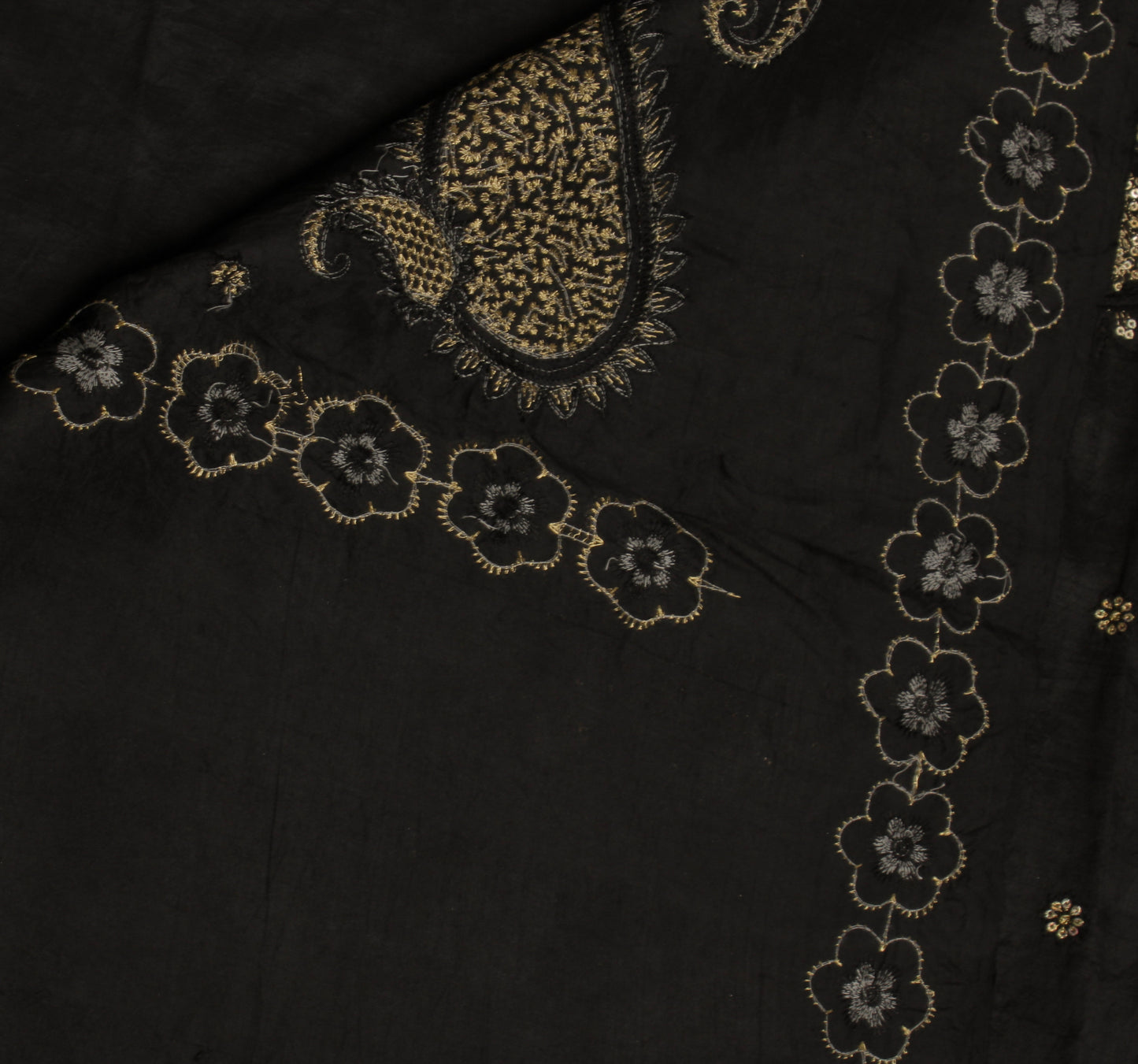 Sushila Vintage Black Saree Pure Silk Hand Embroidered Paisley Sari Craft Fabric