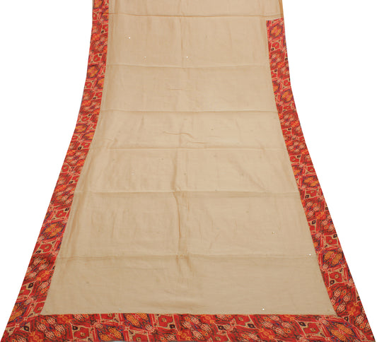 Sushila Vintage Beige Saree with Contrast Red Border Art Cotton Sari Craft Fabric