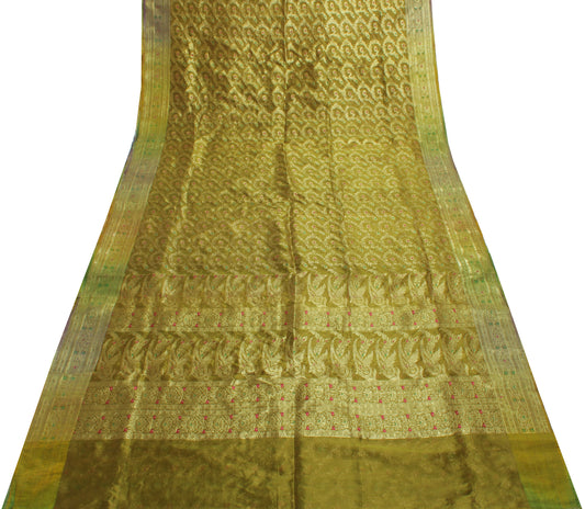 Sushila Vintage Green Indian Saree Blend Silk Floral Floral Sari Craft Fabric