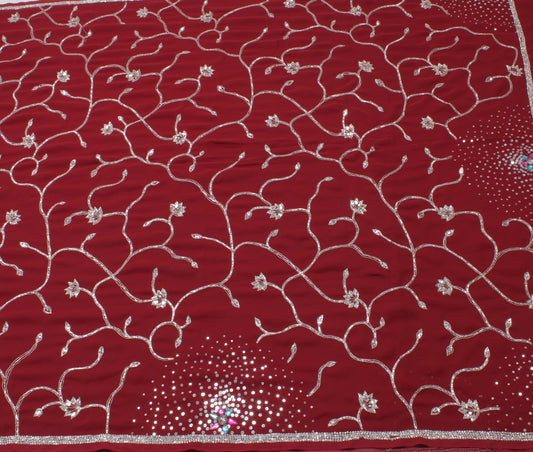 Sushila Vintage Red Saree Blend Georgette Silk Hand Beaded Floral Sari Fabric