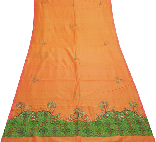 Sushila Vintage Orange Saree 100% Pure Cotton Embroidered Floral Sari Fabric