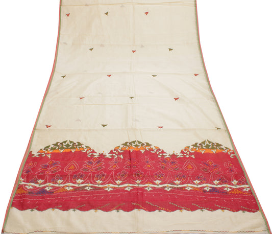 Sushila Vintage Cream Indian Saree 100% Pure Cotton Printed Sari Craft Fabric