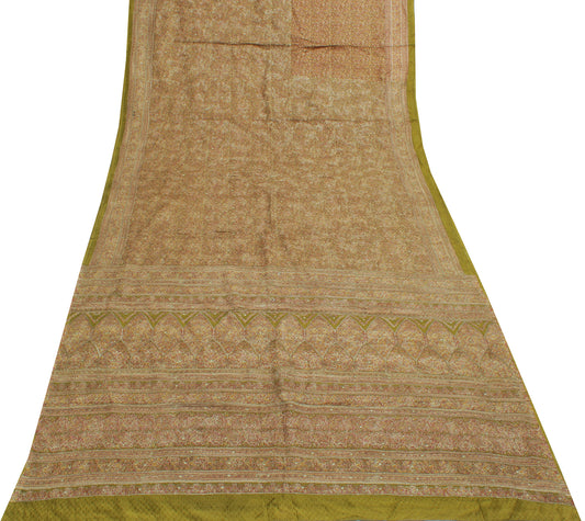 Sushila Vintage Green Saree 100% Pure Silk Printed Floral Sari Craft 5 YD Fabric