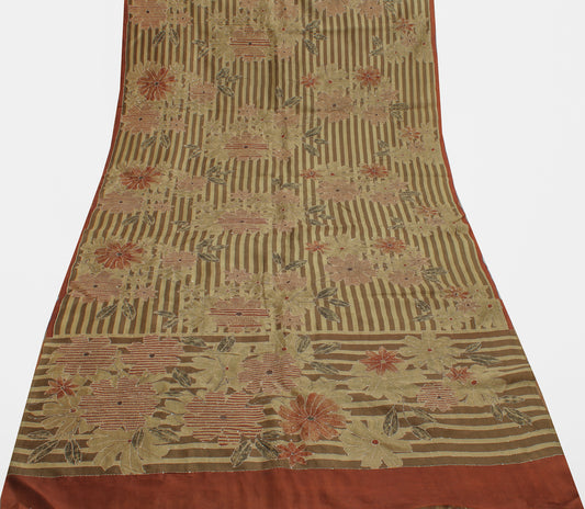 Sushila Vintage Brown Saree 100% Pure Silk Printed Floral Sari Craft Fabric