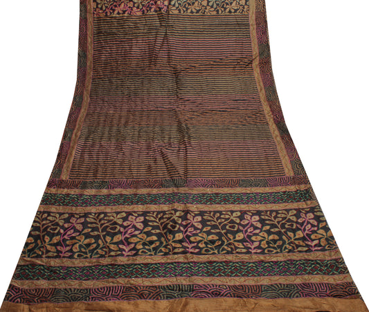 Sushila Vintage Black Saree 100% Pure Silk Printed Sari Craft Decor Fabric