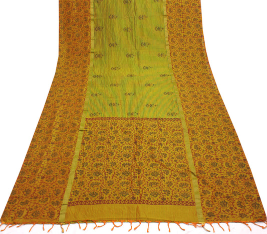 Sushila Vintage Green Saree Pure Silk Printed Floral Sari Craft 5 Yard Fabric