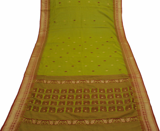Sushila Vintage Green Indian Saree Pure Cotton Woven Floral Sari Craft Fabric