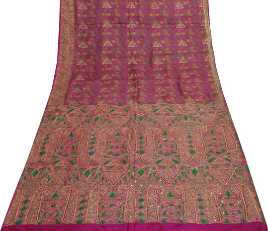 Sushila Vintage Purple Saree Pure Silk Printed & Aari Work Sari Craft Fabric
