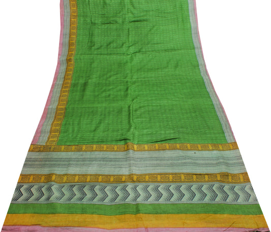 Sushila Vintage Green Indian Saree 100% Pure Silk Woven Sari Craft Decor Fabric