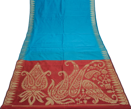 Sushila Vintage Teal Blue Saree 100% Pure Cotton Woven Sari Craft 5 Yard Fabric