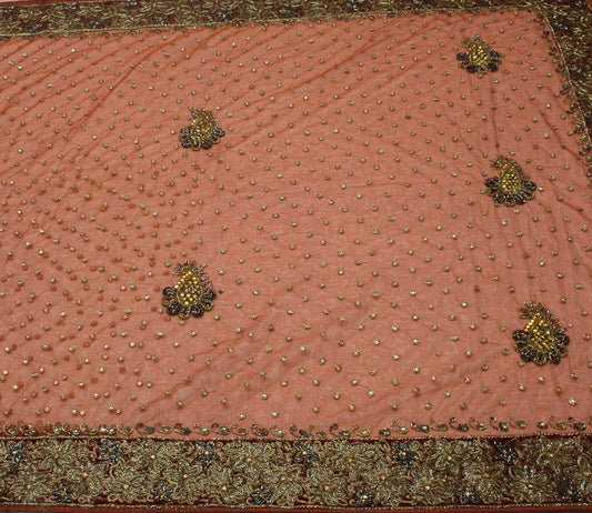 Sushila Vintage HEAVY Brown Saree Net Mesh Embroidered Floral Sari Fabric