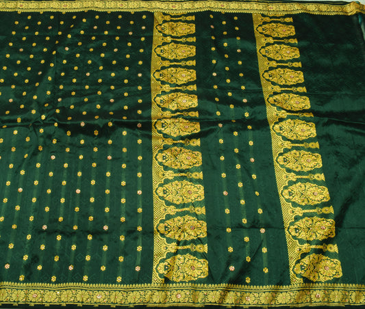 Sushila Vintage Teal Green Saree Blend Silk Self Woven Floral Sari 5 Yard Fabric