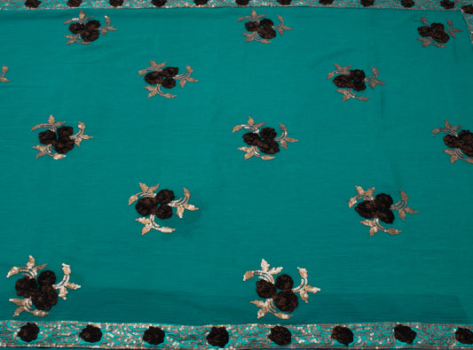 Sushila Vintage Teal Blue Saree Blend Tissue Silk Embroidered Floral Sari Fabric