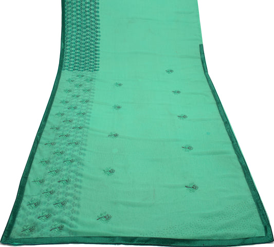 Sushila Vintage Aqua Green Sari Blend Chiffon Embroidered Floral Sari Fabric