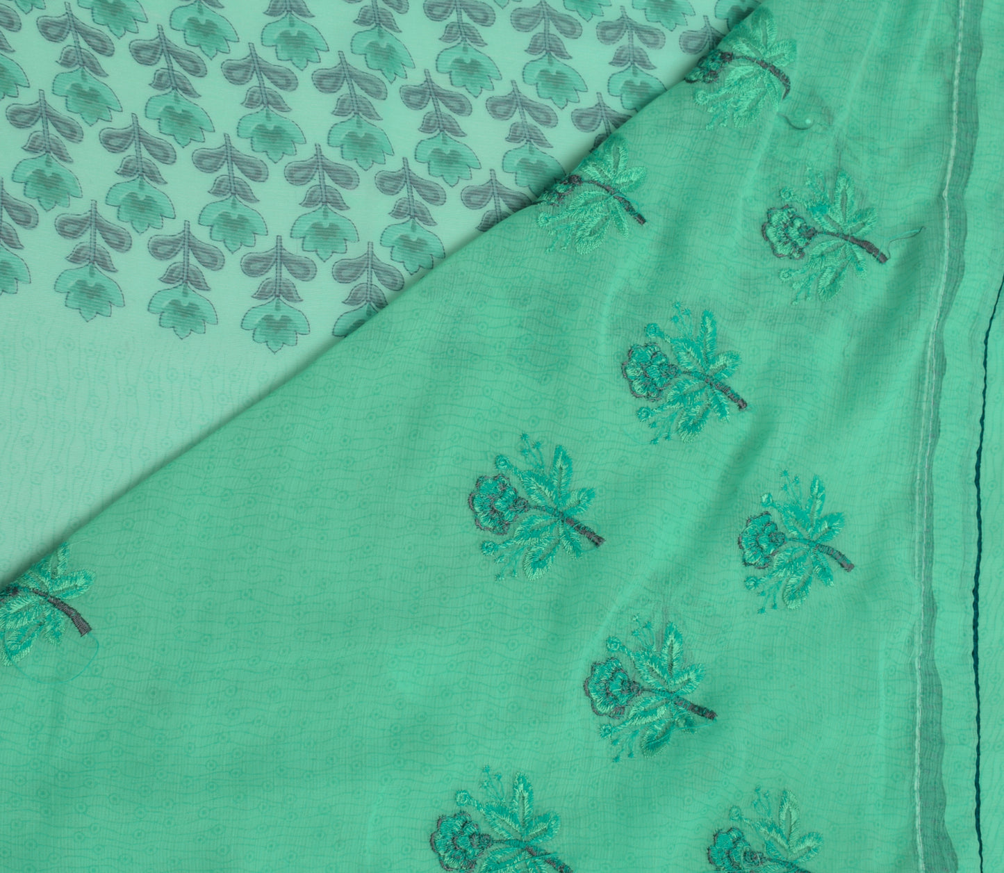 Sushila Vintage Aqua Green Sari Blend Chiffon Embroidered Floral Sari Fabric