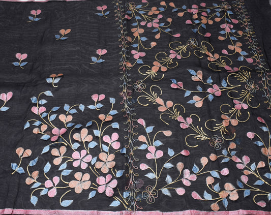 Sushila Vintage Black Saree Art Silk Floral Hand Printed Sari Craft Decor Fabric