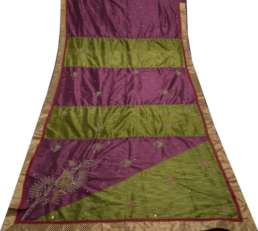 Sushila Vintage Purple Saree Blend Silk Embroidered Floral Sari Craft Fabric