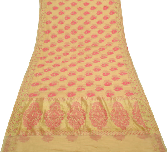 Sushila Vintage Indian Cream Saree Blend Cotton Woven Floral Sari Craft Fabric
