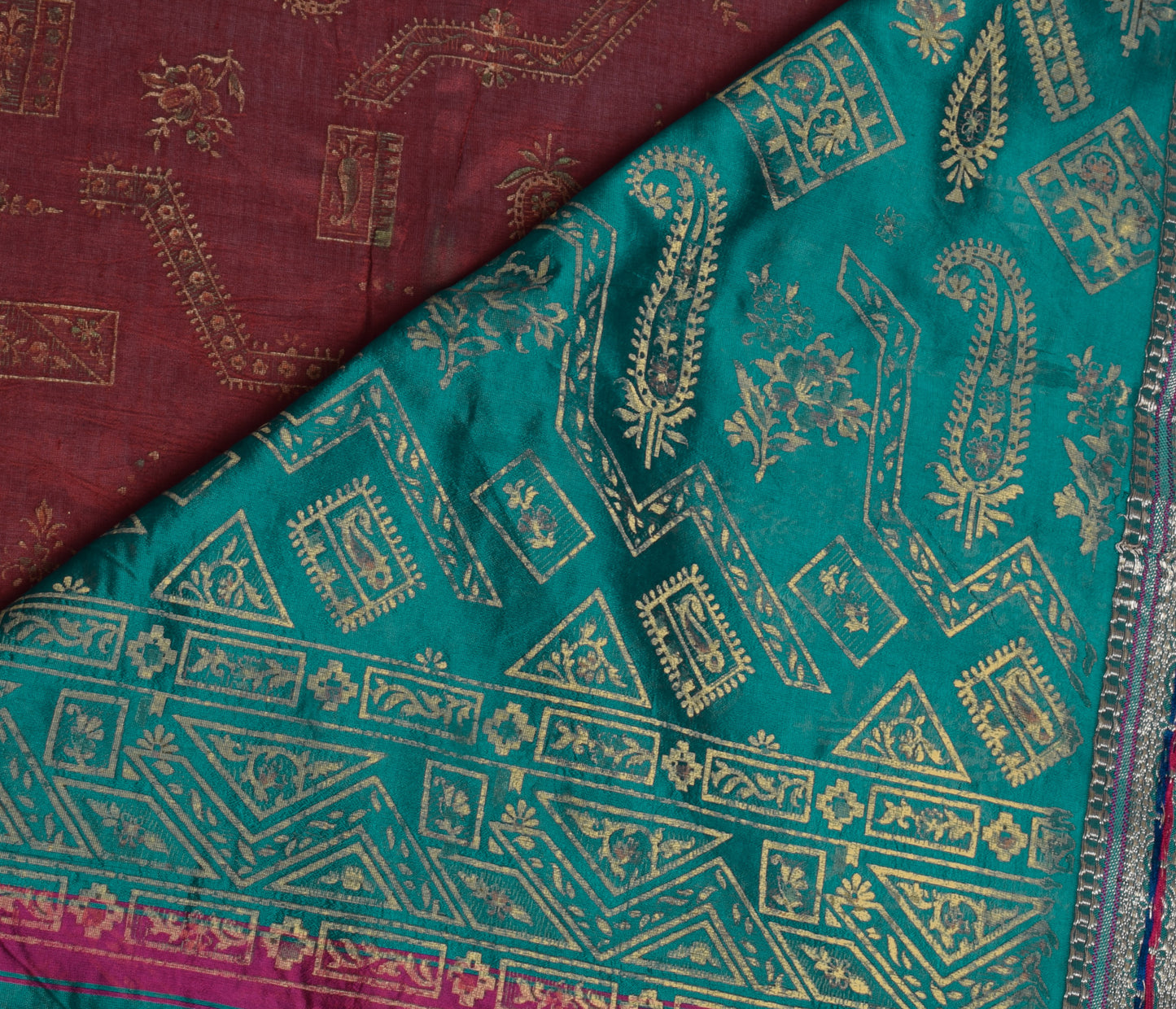 Sushila Vintage Maroon Saree Rayon Silk Hand Printed Paisley Sari Fabric