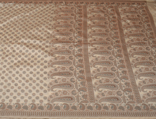 Sushila Vintage Indian Cream Saree Blend Silk All Over Woven Floral Sari Fabric