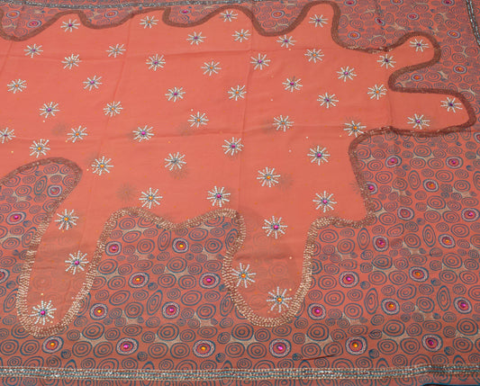 Sushila Vintage Peach Saree Pure Georgette Printed Sequins Embellish Floral Sari Craft Fabric