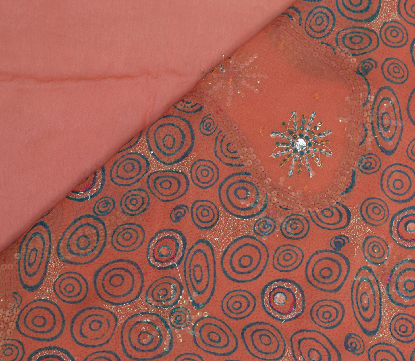 Sushila Vintage Peach Saree Pure Georgette Printed Sequins Embellish Floral Sari Craft Fabric