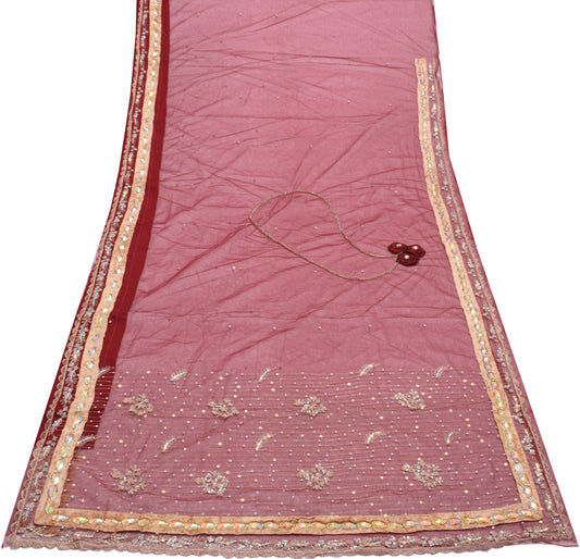 Sushila Vintage Maroon Saree Net Mesh Hand Beaded Floral Sari Craft Fabric