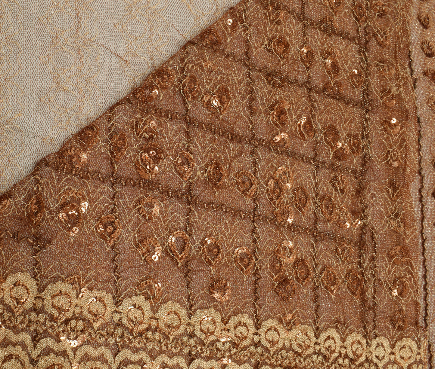 Sushila Vintage Indian Brown Saree Net Mesh Dori Work Sari Craft 5 Yard Fabric