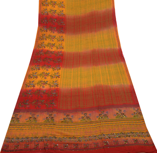Sushila Vintage Multi-Color Saree Pure Georgette Silk Printed Sari Craft Fabric