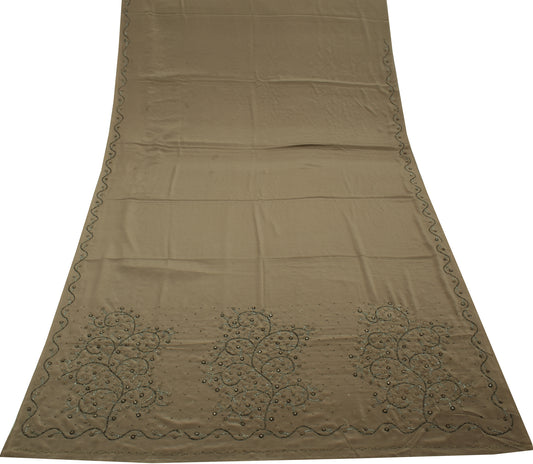 Sushila Vintage Gray Saree Blend Crepe Silk Hand Beaded Zardozi Sari Fabric