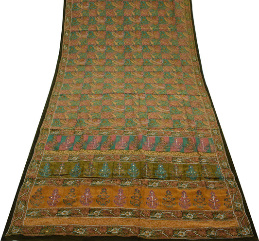 Sushila Vintage Multi-Color Saree Pure Crepe Hand Printed Paisley Sari Fabric