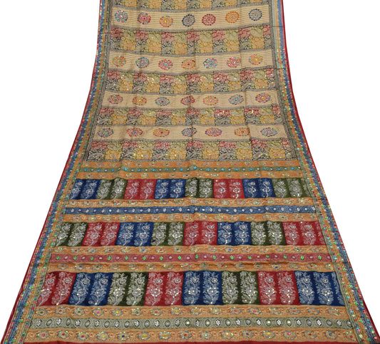 Sushila Vintage Multi-Color Saree Pure Silk Printed Floral Sari Craft Fabric