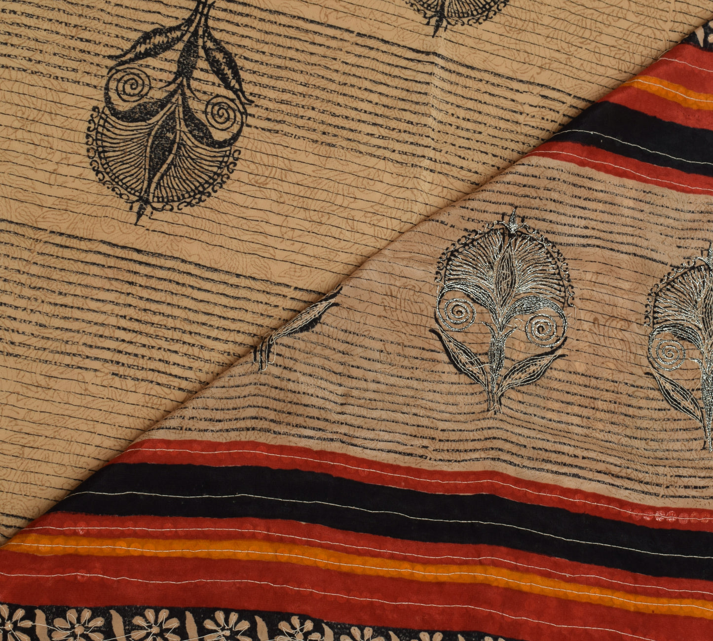 Sushila Vintage Indian Saree Pure Crepe Silk Printed & Embroidered Sari Fabric