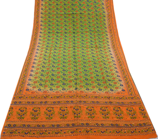Sushila Vintage Green Saree Pure Crepe Silk Printed Floral Sari Craft Fabric