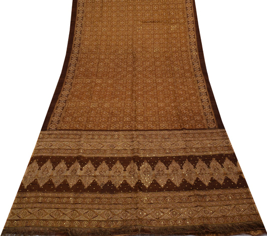 Sushila Vintage Indian Brown Saree Blend Cotton Woven Floral Sari Craft Fabric