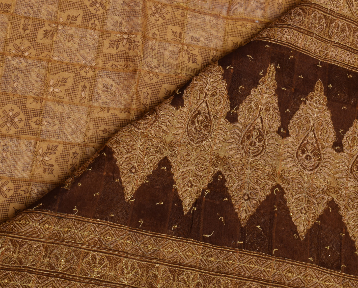 Sushila Vintage Indian Brown Saree Blend Cotton Woven Floral Sari Craft Fabric