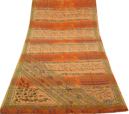 Sushila Vintage Multi-Color Saree Pure Crepe Silk Printed Floral Sari Fabric