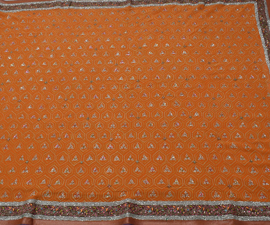 Sushila Vintage Mustard Saree Pure Georgette Silk Embroidered Floral HEAVY Sari Fabric