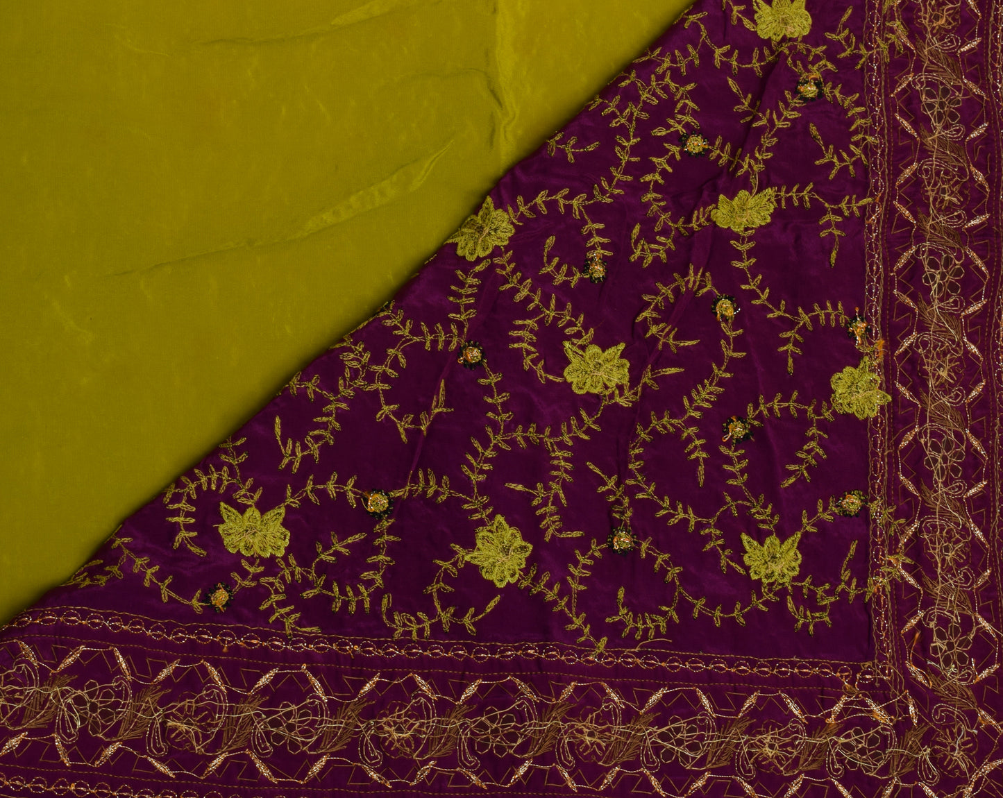 Sushila Vintage Green Saree Pure Crepe Silk Embroidered Floral Sari Fabric