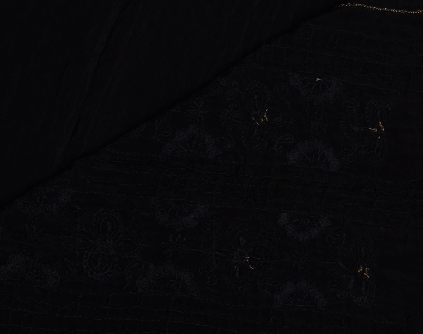 Sushila Vintage Black Saree Pure Crepe Silk Hand Beaded Floral Sari Craft Fabric