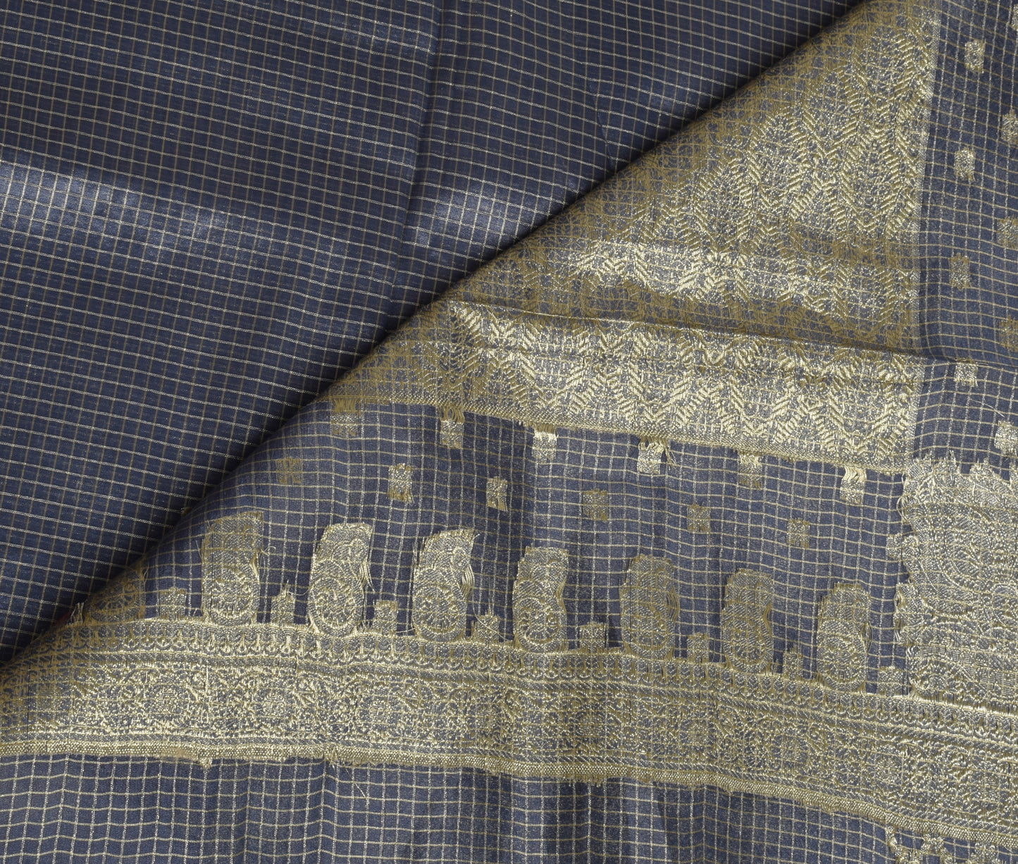 Sushila Vintage Gray Saree Blend Tissue Silk Woven Check Sari Craft 6 YD Fabric