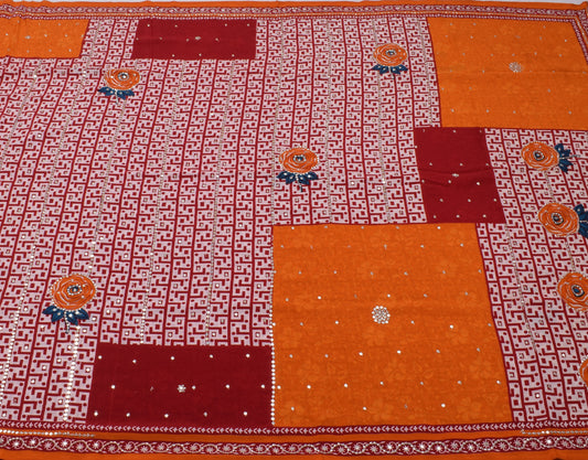 Sushila Vintage Art Crepe Silk Saree Floral Print Sequins Work Sari Craft Fabric