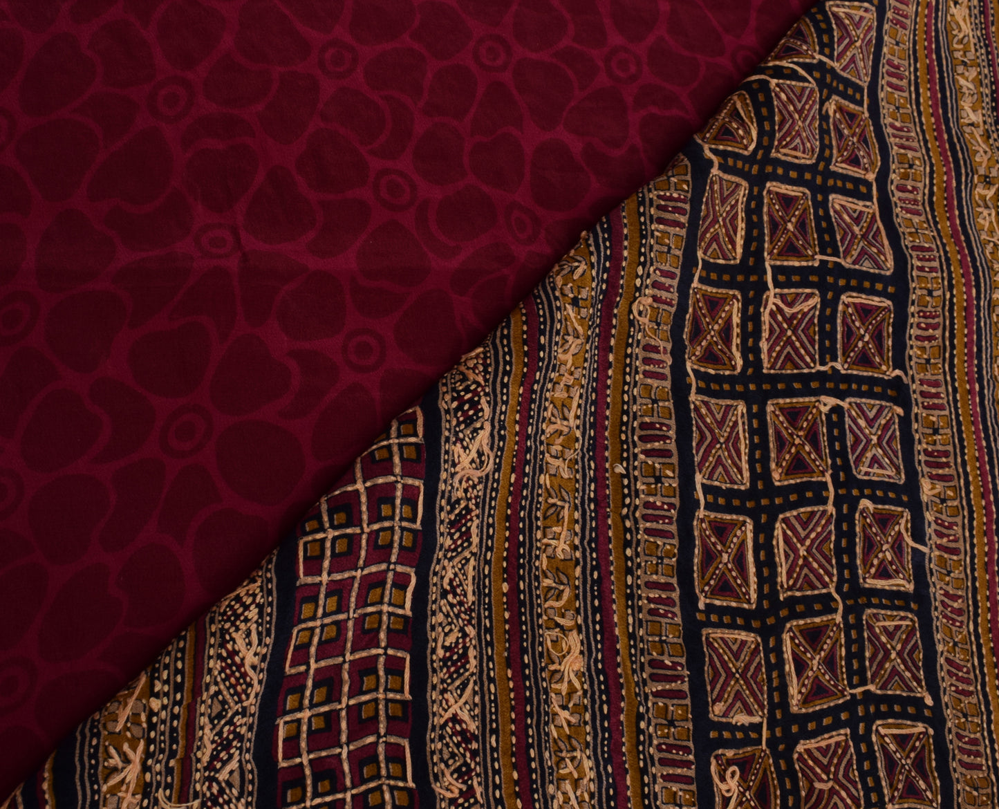 Sushila Vintage Indian Saree Pure Crepe Printed Hand Embroidered Kantha Fabric