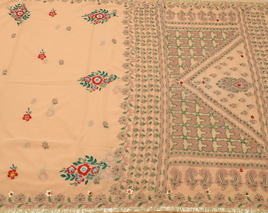 Sushila Vintage Peach Saree Blend Georgette Silk Hand Embroidered Sari Fabric