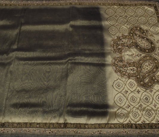 Sushila Vintage Green Saree Blend Tissue Silk Hand Beaded Sari Craft 5 YD Fabric