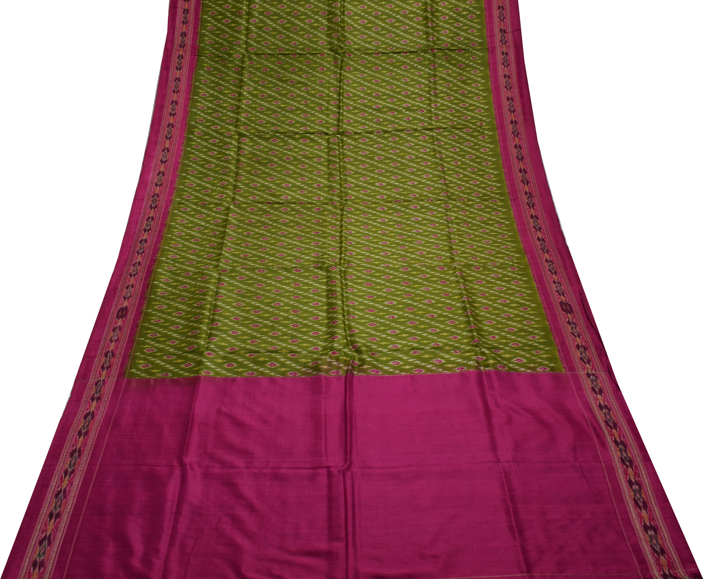 Sushila Vintage Green Saree Pure Silk Hand Woven Ikat Patola Sari Craft Fabric