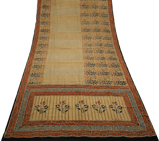 Sushila Vintage Indian Saree Pure Crepe Silk Hand Embroidered Floral Sari Fabric